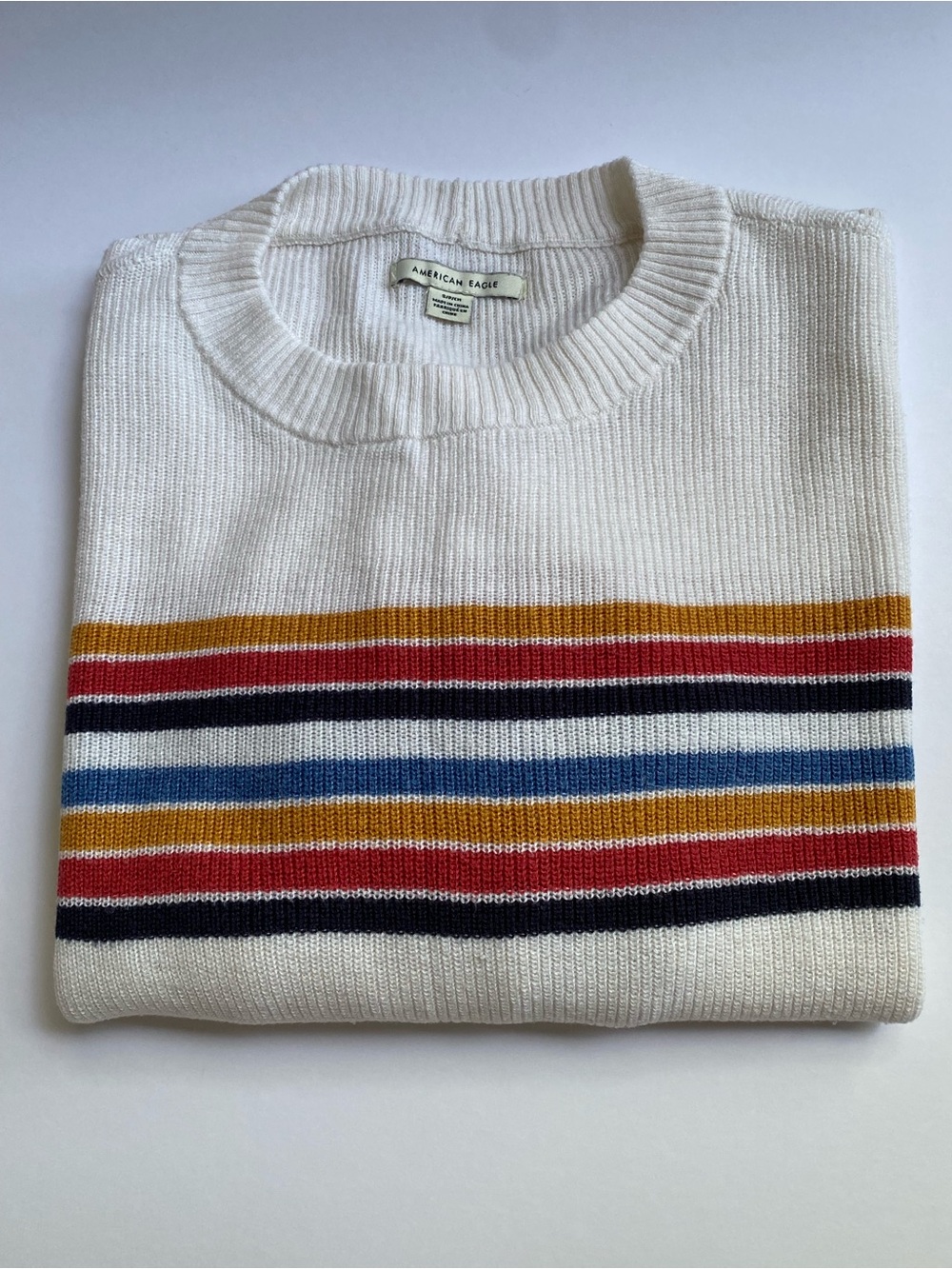 American Eagle Outfitters Cream Crewneck Sweater with Multi-Color Stripes